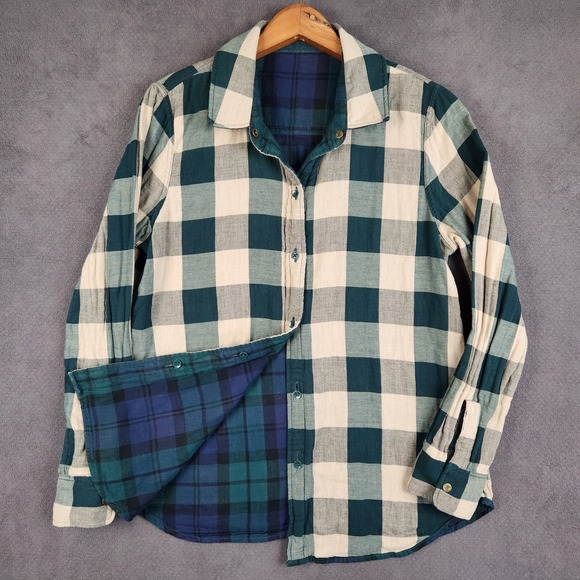 Faherty Tops - Faherty Reversible Shirt Womens Small Green Blue Plaid Long Sleeve Button Up